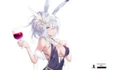 Rule 34 | 1girl, alcohol, animal ear fluff, animal ears, arknights, black dress, breasts, center opening, character name, cup, dress, drinking glass, frostnova (arknights), grey eyes, hair ornament, hair over one eye, hand on own chest, hand up, highres, holding, holding cup, jewelry, large breasts, long hair, looking at viewer, necklace, ponytail, rabbit ears, rhodes island logo (arknights), scar, scar on face, scar on nose, sideboob, sidelocks, simple background, solo, sparkle, upper body, white background, white hair, wine, wine glass, xion32