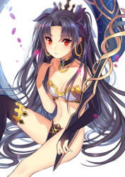 Rule 34 | 1girl, absurdres, bare shoulders, black hair, black thighhighs, blush, breasts, bym, cleavage, crown, earrings, fate/grand order, fate (series), hair ribbon, highres, ishtar (fate), jewelry, long hair, red eyes, ribbon, single thighhigh, sitting, solo, thighhighs, tohsaka rin, weapon