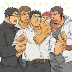 Rule 34 | 5boys, angry, arm around shoulder, arm hair, bad id, bad twitter id, bara, bead necklace, beads, black hair, blush, brown hair, couple, facial hair, gakuran, goatee, hand on another&#039;s arm, highres, houzouin oniwaka, jewelry, long sideburns, looking at another, male focus, male harem, manly, motoori shiro, multiple boys, muscular, necklace, open clothes, open shirt, orange hair, pectoral cleavage, pectorals, protagonist 3 (housamo), school uniform, shirt, short hair, shouting, sideburns, simple background, sketch, sleeves rolled up, stubble, sweatdrop, takabushi kengo, tokyo houkago summoners, upper body, white background, white shirt, yakisoba ohmori, yakushimaru ryota, yaoi