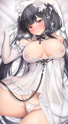 Rule 34 | 1girl, absurdres, arms up, azur lane, black hair, blunt bangs, blush, breasts, cameltoe, cleft of venus, commentary, covered erect nipples, detached collar, elbow gloves, flower, gloves, hair flower, hair ornament, highres, large breasts, lingerie, lomocya, long hair, looking at viewer, lying, negligee, nipples, official alternate costume, on back, panties, parted lips, peter strasser (a moment frozen in pure white) (azur lane), peter strasser (azur lane), pussy juice, cameltoe, red eyes, rose, see-through, sleepwear, smile, solo, symbol-only commentary, teeth, thighs, underwear, very long hair, wet, wet clothes, wet panties, white flower, white negligee, white panties, white rose