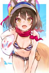 Rule 34 | 1girl, animal ears, ball, beachball, blue archive, blush, breasts, brown hair, cleavage, commentary request, cowboy shot, denim, denim shorts, extra ears, fang, flower, fox ears, fox girl, fox tail, hair flower, hair ornament, halo, highres, holding, holding ball, izuna (blue archive), izuna (swimsuit) (blue archive), leaning forward, looking at viewer, medium breasts, micro shorts, navel, official alternate costume, open mouth, red scarf, sakura akami, scarf, short hair, shorts, smile, solo, standing, stomach, tail, thigh gap, visor cap, yellow eyes