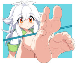 Rule 34 | 1girl, :o, absurdres, aqua background, artist name, barefoot, blush, border, feet, foot focus, highres, long hair, open mouth, orange eyes, original, oyatsu (mk2), shirt, short sleeves, simple background, soles, solo, spread toes, thick eyebrows, toenails, toes, white border, white hair, white shirt