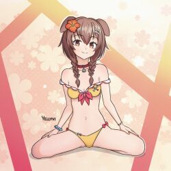 Rule 34 | :3, animal ears, bikini, bone hair ornament, bow, bow bikini, bracelet, braid, breasts, brown eyes, brown hair, cleavage, collar, collarbone, commentary, dog ears, dog girl, english commentary, flower, full body, hair flower, hair ornament, highres, hololive, inugami korone, jewelry, looking at viewer, navel, patterned background, seiza, sitting, small breasts, smile, spread legs, swimsuit, twin braids, virtual youtuber, yellow bikini, yellow nails, yellyvi