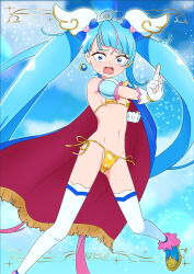 1girl ahoge bikini blue_bow blue_cape blue_eyes blue_hair blush bow breasts cape cure_sky detached_sleeves earrings embarrassed fingerless_gloves frills gloves gold_bikini hair_bow highres hirogaru_sky!_precure jewelry long_hair looking_at_viewer magical_girl navel open_mouth pink_bow precure puffy_detached_sleeves puffy_sleeves side-tie_bikini_bottom single_sidelock small_breasts solo sora_harewataru swimsuit thighhighs tiler_(tiler00) two-sided_cape two-sided_fabric undercut very_long_hair white_gloves wing_hair_ornament