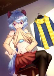 Rule 34 | 1girl, absurdres, adjusting clothes, adjusting skirt, ahoge, alternate costume, astartlink, black pantyhose, blue bra, blue hair, bra, casual, clothes lift, coat, commentary request, contemporary, ganyu (genshin impact), genshin impact, hair between eyes, highres, horns, lifting own clothes, long hair, long sleeves, looking down, midriff, pantyhose, pleated skirt, purple eyes, scarf, sidelocks, sitting, skirt, solo, stool, underwear