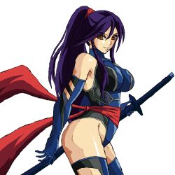 Rule 34 | 1girl, alternate hairstyle, armored leotard, artist request, ass, breasts, high ponytail, highleg, highleg leotard, holding, holding sword, holding weapon, katana, large breasts, leotard, long hair, looking at viewer, marvel, ninja, orange eyes, ponytail, psylocke, red sash, revealing clothes, sash, smile, sword, trait connection, weapon, white background, x-men
