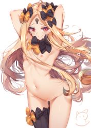 Rule 34 | 1girl, abigail williams (fate), abigail williams (second ascension) (fate), arched back, armpits, arms behind head, arms up, black bow, black thighhighs, blonde hair, blush, bow, breasts, closed mouth, cowboy shot, fate/grand order, fate (series), groin, highres, keyhole, long hair, nahaki, nipples, nude, orange bow, parted bangs, polka dot, polka dot background, red eyes, signature, simple background, single thighhigh, small breasts, smile, solo, thighhighs, very long hair, white background
