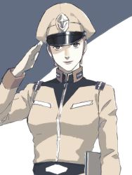 Rule 34 | 1girl, gundam, hat, looking at viewer, mikisato, mobile suit gundam, peaked cap, salute, short hair, solo