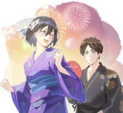Rule 34 | 1boy, 1girl, alternate costume, black hair, black kimono, blue eyes, blush, brown hair, couple, eren yeager, fireworks, flower, grey eyes, hair between eyes, hair flower, hair ornament, hand fan, highres, holding, holding fan, japanese clothes, kimono, looking at another, looking back, mikasa ackerman, one eye closed, open mouth, outdoors, parted bangs, purple kimono, shingeki no kyojin, short hair, smile, taso (harutsukimikan), teeth, upper body, upper teeth only, w arms, wide sleeves