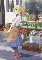 Rule 34 | 1girl, apron, bad id, bad pixiv id, blonde hair, blue eyes, daisy, door, flower, flower shop, hair ornament, hair scrunchie, leaf, original, pansy, pantyhose, plant, planter, ponytail, potted plant, profile, scrunchie, shop, skirt, smile, solo, standing, storefront, stuffed animal, stuffed toy, teddy bear, tulip, window, yoropa