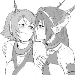 Rule 34 | 10s, 2girls, blush, breasts, greyscale, headgear, kantai collection, large breasts, long hair, looking at another, monochrome, multiple girls, mutsu (kancolle), nagato (kancolle), nathaniel pennel, short hair, simple background, smile, white background, yuri