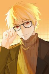 Rule 34 | 1boy, absurdres, adjusting eyewear, animated, animated gif, atou haruki, black jacket, blinking, blonde hair, brown sweater, chinese commentary, closed mouth, commentary request, glasses, hand on eyewear, highres, jacket, long sleeves, male focus, open clothes, open jacket, red eyes, ribbed sweater, saibou shinkyoku, shi mo qi wa, short hair, smile, solo, sweater, turtleneck, turtleneck sweater