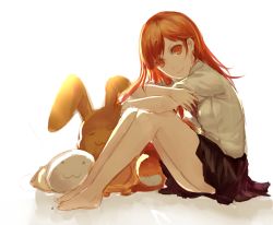 Rule 34 | 1girl, absurdres, annnna, bad id, bad pixiv id, black skirt, highres, long hair, looking at viewer, matching hair/eyes, orange eyes, orange hair, pixiv fantasia, pixiv fantasia fallen kings, simple background, sitting, skirt, solo, white background