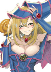 Rule 34 | 1girl, arm up, blonde hair, blue dress, blue headwear, blush stickers, breasts, cleavage, commentary request, dark magician girl, dress, duel monster, green eyes, grin, hair between eyes, hand on headwear, highres, holding, holding staff, large breasts, long hair, looking at viewer, simple background, smile, solo, staff, upper body, vambraces, white background, yappen, yu-gi-oh!