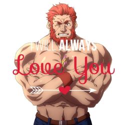 Rule 34 | 1boy, abs, bara, beard, chocolate, crossed arms, english text, facial hair, fate/grand order, fate (series), heart, iskandar (fate), konohanaya, large pectorals, looking at viewer, male focus, muscular, one eye closed, pants, pectoral press, pectorals, pubic hair, red eyes, red hair, topless male, simple background, smile, solo, white background
