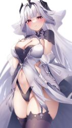 Rule 34 | 1girl, absurdres, azur lane, black gloves, black panties, black thighhighs, black tiara, blush, breasts, cleavage, cleavage cutout, closed mouth, clothing cutout, cross, detached sleeves, dress, fingerless gloves, gloves, hair ornament, highleg, highleg panties, highres, large breasts, long hair, looking at viewer, marseillaise (azur lane), midriff, navel, panties, pillow, pink eyes, red eyes, revealing clothes, seele0907, smile, solo, thighhighs, tiara, underwear, very long hair, white dress, white hair, white sleeves