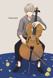 Rule 34 | 1boy, 30amamiya r, bishounen, black footwear, black pants, blonde hair, bow (music), brown eyes, buttons, cello, closed mouth, collared shirt, flower, full body, grey background, grey shirt, highres, holding, holding bow (music), holding instrument, instrument, jewelry, light smile, looking at viewer, male focus, mole, mole under eye, necklace, original, pants, petals, rose, rose petals, shirt, shoes, short hair, simple background, sitting, sleeves past elbows, solo, straight-on, yellow flower, yellow rose