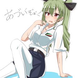 Rule 34 | 10s, 1girl, anchovy (girls und panzer), arm support, belt, blush, breasts, chawan, chawan (yultutari), cleavage, drill hair, girls und panzer, green hair, highres, miniskirt, pantyhose, red eyes, skirt, solo, sweat, translation request, white background, white pantyhose