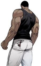 Rule 34 | 1boy, ass, bara, black tank top, dark-skinned male, dark skin, facing away, from behind, gimgyeon (dog 0987), gloves, gukhyeon (balnom), male focus, muscular, muscular male, original, pants, solo, standing, tank top, thick thighs, thighs, track pants, triceps, unworn gloves, veins, veiny arms