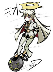 Rule 34 | &gt;:), 1girl, ahoge, albino, ankh, arm strap, arms behind back, balancing, ball and chain restraint, belt, belt buckle, belt skirt, big-d, bodysuit, breasts, buckle, center opening, cleavage, spiked halo, cross, cross necklace, from side, full body, guilty gear, guilty gear xrd, halo, highres, jack-o&#039; valentine, jewelry, light smile, long hair, looking to the side, motion lines, multicolored hair, necklace, no bra, red eyes, red hair, shoes, signature, simple background, smile, smiley face, solo, speed lines, strap, studded belt, two-tone hair, uneven eyes, v-shaped eyebrows, very long hair, white background, white hair, yellow eyes
