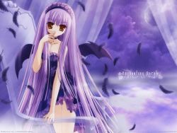 Rule 34 | 1girl, angel ring (artbook), brown eyes, chair, feathers, goth fashion, panties, purple hair, see-through, solo, tinker bell (pixiv 10956015), underwear, wallpaper