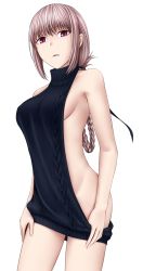 Rule 34 | 1girl, alternate costume, aran sweater, backless outfit, bare arms, bare shoulders, blunt bangs, braid, breasts, cable knit, cowboy shot, dress, fate/grand order, fate (series), florence nightingale (fate), folded ponytail, groin, highres, junsui risei, long hair, looking at viewer, medium breasts, meme attire, no panties, parted lips, pink eyes, pink hair, sideboob, sidelocks, single braid, solo, sweater, sweater dress, turtleneck, turtleneck sweater, virgin killer sweater