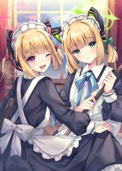Rule 34 | 2girls, absurdres, animal ear headphones, animal ears, apron, black dress, blonde hair, blue archive, blush, closed mouth, curtains, dress, fake animal ears, frilled apron, frills, green eyes, green halo, halo, headphones, highres, long sleeves, maid, maid apron, maid headdress, midori (blue archive), midori (maid) (blue archive), momoi (blue archive), momoi (maid) (blue archive), multiple girls, official alternate costume, one eye closed, open mouth, pink halo, red eyes, short hair, siblings, sisters, smile, sorashima (117), twins, white apron, window