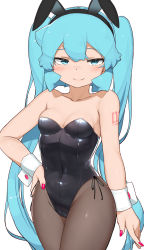 Rule 34 | 1girl, abmayo, animal ears, bare shoulders, blush, breasts, brown pantyhose, cleavage, detached collar, fake animal ears, green hair, hair ornament, hand on own hip, hatsune miku, highres, leotard, long hair, looking at viewer, pantyhose, playboy bunny, rabbit ears, simple background, solo, strapless, strapless leotard, twintails, vocaloid, white background, wide hips, wrist cuffs