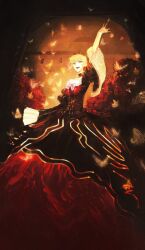 Rule 34 | 1girl, :d, arm up, beatrice (umineko), bell sleeves, black background, black choker, black dress, blonde hair, blue eyes, bow, bug, building, butterfly, choker, dress, dress bow, flower, forzen, frilled choker, frills, full body, gown, hair between eyes, hair bun, hair flower, hair ornament, highres, insect, long sleeves, looking at viewer, open mouth, painting (object), picture frame, pink bow, red dress, red flower, red rose, rose, single hair bun, smile, solo, standing, teeth, two-tone dress, umineko no naku koro ni, upper teeth only, yellow butterfly