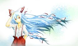 1girl bad_id bad_pixiv_id blue_hair bow female_focus fujiwara_no_mokou hair_bow hair_ribbon highres ichiwaka_(meganejon) long_hair meganejon orange_eyes red_eyes ribbon sleeves_rolled_up solo suspenders touhou