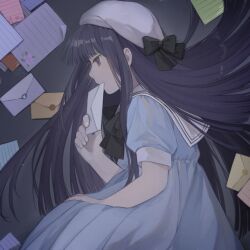 Rule 34 | 1girl, beret, black hair, blue dress, commentary request, covering own mouth, dear itu, dress, envelope, expressionless, hat, hat ribbon, highres, holding, holding envelope, inu x boku ss, letter, long hair, lying, on side, purple eyes, ribbon, sailor collar, shirakiin ririchiyo, short sleeves, solo, white hat