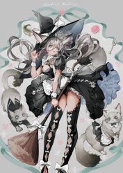Rule 34 | 1girl, animal, animal ears, black dress, bow, broom, cat, cat ears, cat tail, deadprince, dress, grey hair, hat, highres, lace, long hair, original, tail, witch, witch hat