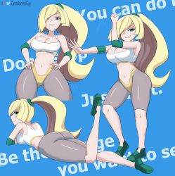 Rule 34 | 1girl, ass, blue background, borrowed design, breasts, canadiananiguy, commentary, creatures (company), cropped legs, english commentary, english text, full body, game freak, green footwear, hair over one eye, hands on own hips, highres, lusamine (pokemon), lying, mature female, midriff, multiple views, navel, nintendo, on stomach, pants, patreon username, pokemon, pokemon sm, sports bra, sweatband, twitter username, white sports bra, yoga, yoga pants