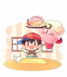 Rule 34 | 1boy, :d, arm up, baseball cap, black hair, blue shirt, blueberry, blush, blush stickers, chef hat, closed mouth, coffee, commentary request, cup, food, fork, fruit, hands up, hat, hitofutarai, holding, holding fork, holding knife, holding tray, kirby, kirby (series), kitchen knife, knife, latte art, male focus, mother (game), mother 2, mug, multicolored clothes, ness (mother 2), nintendo, one eye closed, open mouth, pancake, pancake stack, plate, red headwear, shirt, short hair, short sleeves, sideways hat, simple background, sitting, smile, solid oval eyes, steam, strawberry, striped clothes, striped shirt, t-shirt, table, tray, two-tone shirt, white background, white headwear, window, yellow shirt