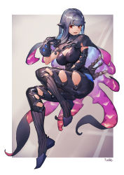 Rule 34 | 1girl, absurdres, armor, black cape, black gloves, blue hair, blunt bangs, bodysuit, breasts, brown eyes, cape, cleavage, cleavage cutout, clothing cutout, covered erect nipples, dagger, fushe, gloves, highres, knife, long hair, monster hunter, monster hunter: world, monster hunter (series), namielle (armor), open mouth, scabbard, sheath, sheathed, shiny skin, signature, skin tight, solo, thighs, turtleneck, vambraces, weapon