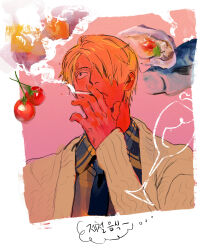 Rule 34 | 1boy, absurdres, arm up, blonde hair, blue necktie, brown coat, cherry tomato, cigarette, closed mouth, coat, collared shirt, cup, curly eyebrows, drinking glass, fish, hair over one eye, hand to own mouth, highres, holding, holding cigarette, korean text, looking at object, looking up, male focus, necktie, one piece, portrait, puffingseas, sanji (one piece), shirt, short hair, smoke, smoking, solo, tomato, wine glass
