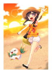 Rule 34 | 1girl, :d, absurdres, arm up, bad id, bad pixiv id, bare shoulders, beach, blouse, braid, closed eyes, cloud, creatures (company), floral print, full body, game freak, gen 7 pokemon, happy, hat, highres, nintendo, ocean, open mouth, orange sky, poke ball, pokemon, pokemon (creature), pokemon usum, purple eyes, rowlet, sandals, selene (pokemon), selene (pokemon usum), shirt, shorts, sky, smile, sun, sunset, twin braids, waving, yuihico