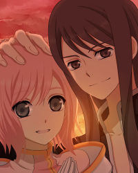 Rule 34 | 00s, 1boy, 1girl, ak0130, black hair, dated, estellise sidos heurassein, grey eyes, hand on another&#039;s head, long hair, looking at viewer, own hands together, pink hair, smile, tales of (series), tales of vesperia, yuri lowell