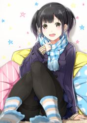 Rule 34 | 1girl, arm support, artist name, bashosho, black coat, black hair, black pantyhose, blue scarf, blurry, blurry foreground, brown eyes, coat, dated, depth of field, feet, fluffy legwear, fuzzy footwear, fuzzy socks, highres, layered legwear, long sleeves, looking at viewer, no shoes, open mouth, original, panties, panties under pantyhose, pantyhose, pantyshot, pillow, plaid, plaid scarf, scarf, school uniform, short hair, signature, sitting, smile, socks, socks over pantyhose, solo, star (symbol), striped clothes, striped socks, thighband pantyhose, underwear, uniform