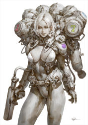 Rule 34 | 1girl, arm at side, armor, belt, belt pouch, bikini, breasts, canister, colored eyelashes, commentary, energy gun, finger on trigger, gauntlets, gun, holding, holding gun, holding weapon, large breasts, legs apart, lipstick, looking at viewer, makeup, nose, original, parted bangs, parted lips, pauldrons, pouch, puppeteer lee, ray gun, short hair, shoulder armor, shoulder pads, signature, simple background, smile, snow white, solo, standing, strap, swimsuit, toned, weapon, white background, white bikini, white hair, white lips, yellow eyes