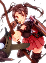 Rule 34 | 10s, 1girl, aiming, aircraft, airplane, arrow (projectile), azure (capriccio), blush, boots, bow (weapon), drawing bow, hair ribbon, holding bow (weapon), japanese clothes, kantai collection, muneate, open mouth, personification, red eyes, ribbon, skirt, solo, thigh boots, thighhighs, twintails, weapon, zuikaku (kancolle)