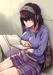 Rule 34 | 1girl, bag, bench, black hair, blue eyes, blush, book, breasts, commentary request, hairband, handbag, highres, holding, holding book, idolmaster, idolmaster cinderella girls, jewelry, large breasts, long hair, looking down, merooon, necklace, reading, ribbed sweater, sagisawa fumika, shawl, sitting, smile, solo, sweater
