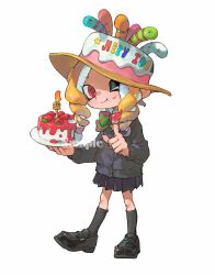 Rule 34 | 1girl, black footwear, black socks, blue skirt, cake, candle, closed mouth, commentary, food, food-themed hat ornament, fruit, full body, hat, hat ornament, highres, holding, holding plate, long hair, miko (15476997), multicolored clothes, multicolored hat, nintendo, octoling, octoling girl, octoling player character, one eye closed, plate, pleated skirt, shoes, simple background, skirt, smile, socks, solo, splatoon (series), splatoon 3, standing, strawberry, symbol-only commentary, tentacle hair, white background