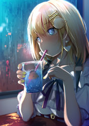 Rule 34 | 1girl, bad id, bad twitter id, blonde hair, blue eyes, bubba (watson amelia), cup, drinking, drinking glass, drinking straw, drinking straw in mouth, earrings, fumihiko (fu mihi ko), hair ornament, heart, heart earrings, highres, hololive, hololive english, jewelry, lips, looking afar, nail polish, official alternate costume, sidelighting, sitting, solo, virtual youtuber, water drop, watson amelia, watson amelia (street casual), window, yellow nails