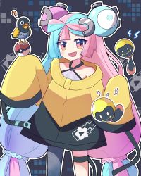 Rule 34 | 1girl, bow-shaped hair, character hair ornament, creatures (company), game freak, grey pantyhose, gym leader, hair ornament, hexagon print, highres, iono (pokemon), jacket, long hair, low-tied long hair, multicolored hair, nintendo, oversized clothes, pantyhose, pokemon, pokemon sv, sharp teeth, single leg pantyhose, siruca, sleeves past fingers, sleeves past wrists, split-color hair, tadbulb, teeth, very long sleeves, wattrel, x, yellow jacket
