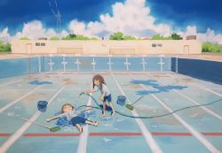 Rule 34 | 2girls, :d, ^ ^, barefoot, blue shorts, blue sky, blush, broom, brown hair, bucket, building, closed eyes, cloud, cloudy sky, day, gym shirt, gym shorts, gym uniform, highres, hikari komitia, holding, holding hose, hose, long hair, lying, multiple girls, on back, open mouth, original, outdoors, outstretched arms, pool, pool ladder, power lines, shirt, short sleeves, shorts, sky, smile, soles, spread arms, standing, transmission tower, water, wet, wet clothes, wet shirt, white shirt