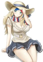 Rule 34 | 1girl, alternate costume, blonde hair, blue eyes, blue hair, blue skirt, breasts, cleavage, commandant teste (kancolle), feet out of frame, frilled shirt, frills, hat, highres, kantai collection, large breasts, long hair, multicolored clothes, multicolored hair, multicolored scarf, one-hour drawing challenge, plaid, plaid scarf, red hair, redundant-cat, scarf, shirt, simple background, skirt, solo, streaked hair, sun hat, white background, white hair, white hat