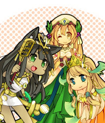 Rule 34 | 3girls, animal ears, bastet (p&amp;d), black hair, blonde hair, blue eyes, cat ears, dress, freyja (p&amp;d), green dress, green eyes, head wings, heart, hisui (kimochi), holy ceres (p&amp;d), jewelry, looking at viewer, lots of jewelry, multiple girls, navel, one eye closed, open mouth, puzzle &amp; dragons, skirt, smile, tiara, white dress, wings, yellow eyes