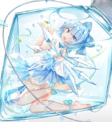 Rule 34 | 1girl, bare legs, barefoot, blue bow, blue dress, blue eyes, blue hair, blue ribbon, bottle, bow, bubble, cirno, commentary request, dress, hair bow, highres, ice, ice crystal, ice wings, looking at viewer, looking back, moko (mokochisa), open mouth, ribbon, short dress, short hair, sleeveless, sleeveless dress, solo, touhou, wings