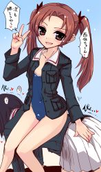 Rule 34 | 10s, 2girls, black hair, blue jacket, blue one-piece swimsuit, brown eyes, brown hair, competition school swimsuit, girls und panzer, hair ribbon, hayashi (nnnsf), highres, jacket, kadotani anzu, kawashima momo, long hair, long sleeves, military, military uniform, miniskirt, multiple girls, one-piece swimsuit, open clothes, open jacket, open mouth, parted bangs, pleated skirt, ponytail, ribbon, school swimsuit, short hair, sitting, sitting on person, skirt, smile, swimsuit, swimsuit under clothes, text focus, twintails, uniform, v, white skirt, yuri